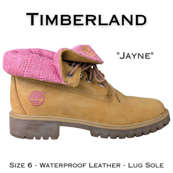 Timberland Womens Jayne Leather Fold Cuff Boots Size 6 Saddle Brown & Pink - Picture 1 of 12